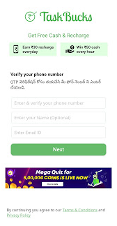 TaskBucks App signup with mobile number